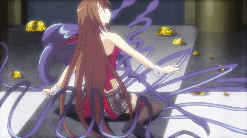 1girl animated animated_gif brown_hair female funikura heels long_hair nyx one_eye queen's_blade queen's_blade red_eye sexually_suggestive skirt swallowing tentacle thighhighs wariza