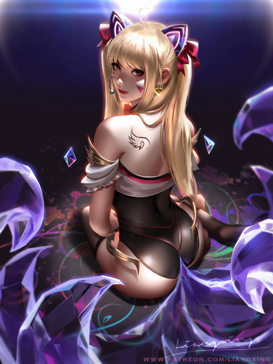 1girl ahoge ahri animal_ears ass back_tattoo bangs bare_shoulders black_legwear blonde_hair bow brown_hair choker commentary cosplay d.va_(overwatch) earrings facepaint facial_mark fox_ears fox_tail from_behind full_body hair_bow heart heart_earrings highres idol jewelry k/da_(league_of_legends) k/da_ahri k/da_ahri_(cosplay) league_of_legends liang_xing long_hair looking_at_viewer looking_back nose overwatch parted_lips patreon_username r red_bow red_eyes red_lips signature sitting skin_tight solo tail tattoo teeth thighhighs whisker_markings wing_tattoo yellow_eyes