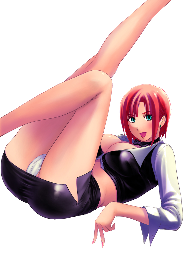 1girl arisawa_masaharu ass bare_legs blush bow bowtie breasts cameltoe cleavage earrings female green_eyes jewelry large_breasts legs legs_up long_sleeves looking_at_viewer lying midriff nail_polish on_back open_mouth panties red_hair rio_rollins short_hair simple_background skirt solo super_blackjack thighs underwear white_background white_panties