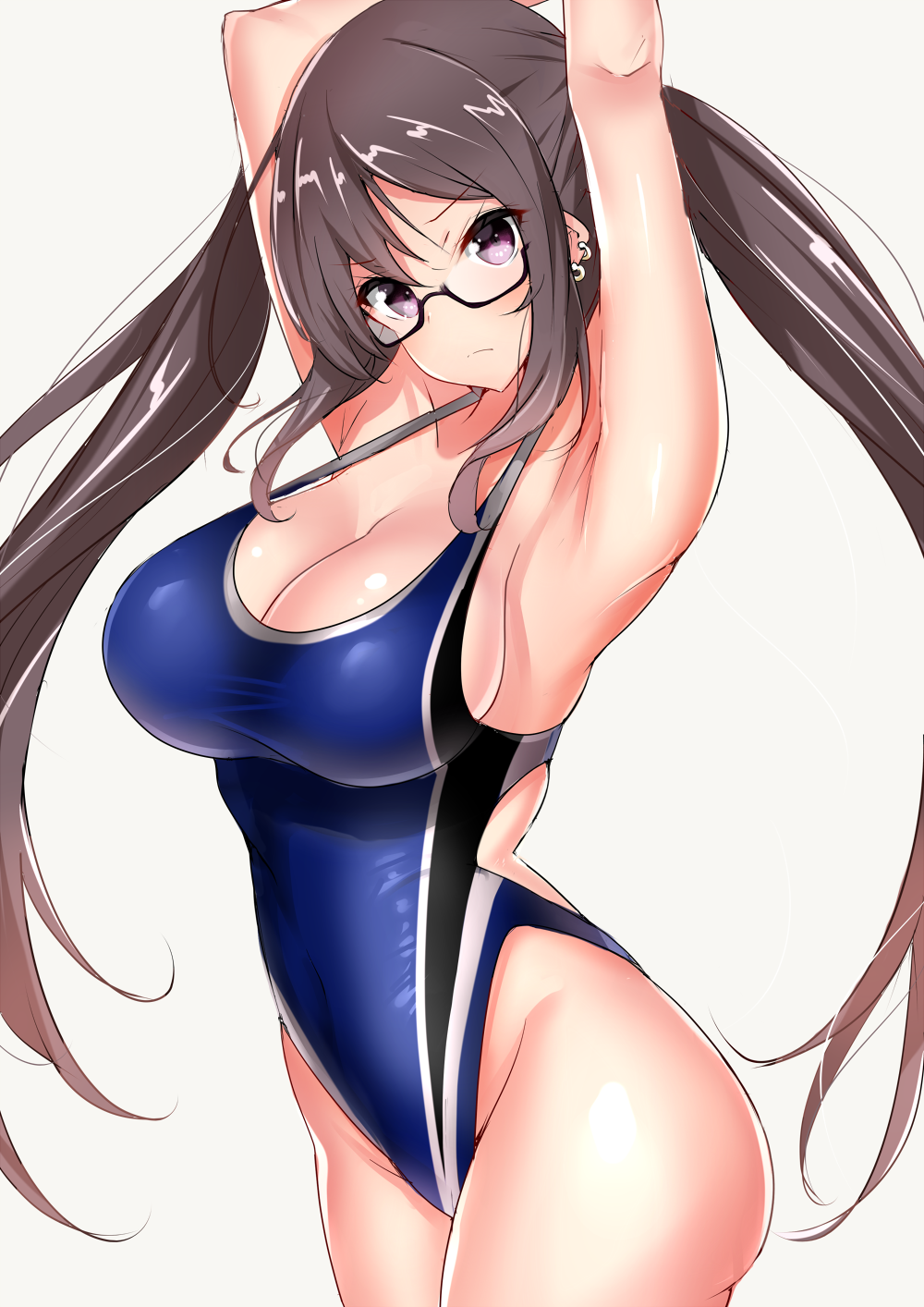 1girl akuta_hinako armpits arms_behind_head arms_up bangs bare_shoulders black-framed_eyewear blue_swimsuit blush breasts brown_hair cleavage closed_mouth collarbone commentary_request covered_navel earrings fate/grand_order fate_(series) glasses highleg highleg_swimsuit highres hip_focus jewelry large_breasts long_hair looking_at_viewer one-piece_swimsuit sankakusui shiny shiny_hair sidelocks simple_background solo swimsuit twintails very_long_hair white_background