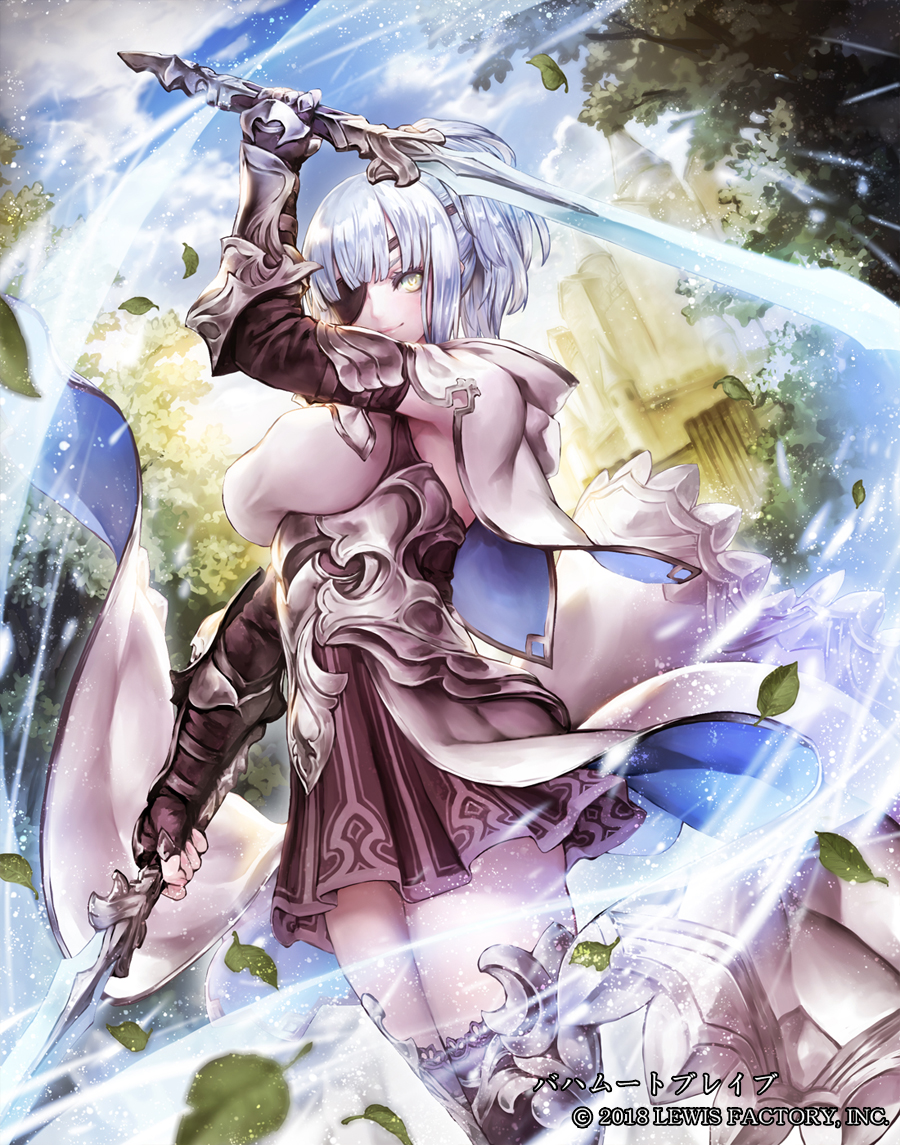 1girl bangs blue_sky blunt_bangs breasts brown_skirt capelet castle company_name dual_wielding dutch_angle eyepatch gauntlets holding holding_sword holding_weapon looking_at_viewer medium_breasts motion_blur nabe_(crow's_head) official_art outdoors silver_hair skirt sky solo standing sword thighhighs tree watermark weapon white_capelet