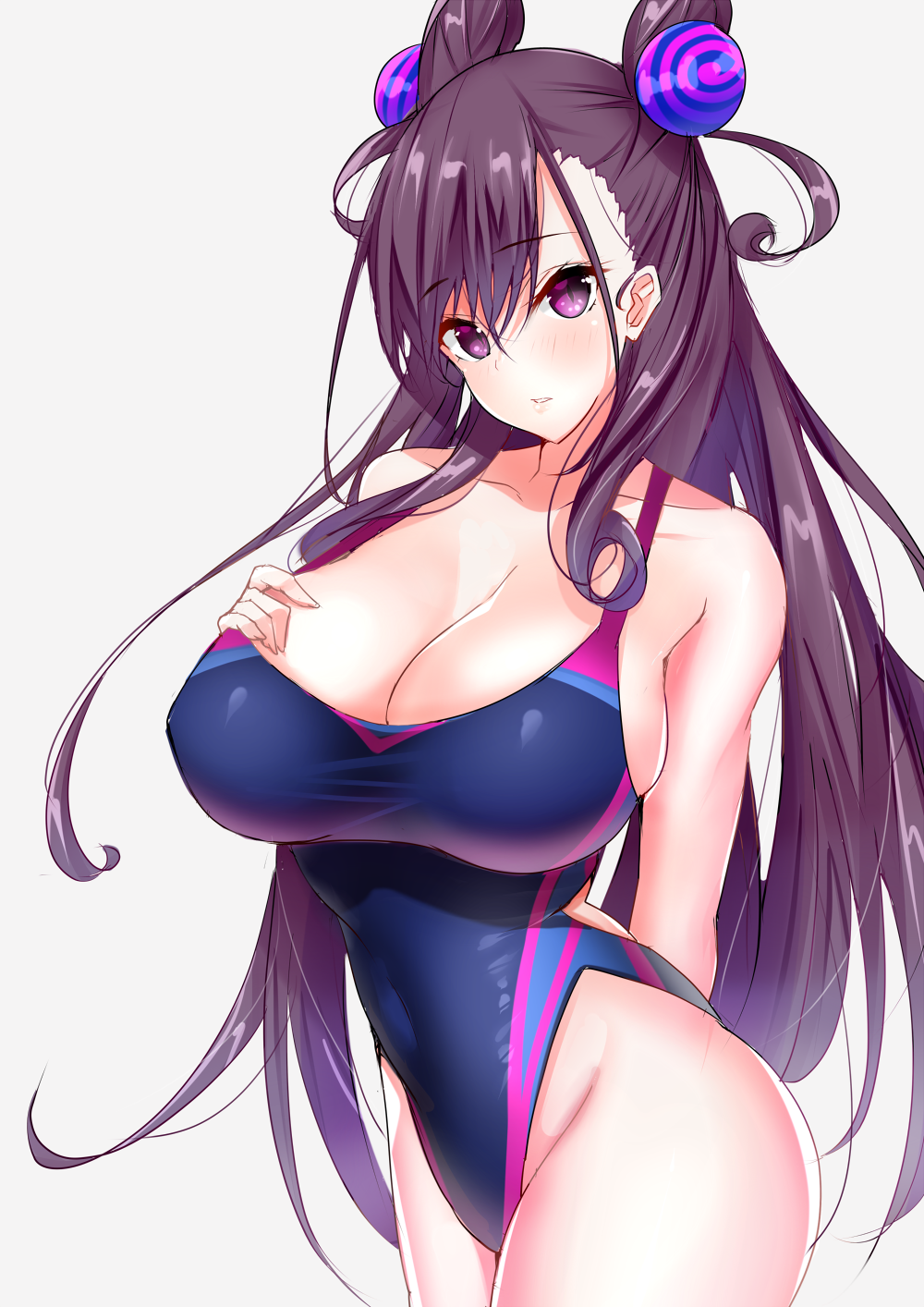 1girl arm_behind_back bangs bare_arms bare_shoulders black_hair blue_swimsuit blush breasts cleavage collarbone competition_swimsuit covered_navel cowboy_shot double_bun eyebrows_visible_through_hair fate/grand_order fate_(series) from_side grey_background groin hair_between_eyes hair_ornament hand_on_own_chest head_tilt highleg highleg_swimsuit highres hip_focus large_breasts long_hair looking_at_viewer murasaki_shikibu_(fate) one-piece_swimsuit parted_lips purple_eyes sankakusui shiny shiny_hair sideboob sidelocks simple_background skin_tight slit_pupils solo standing swimsuit taut_clothes thighs two_side_up very_long_hair