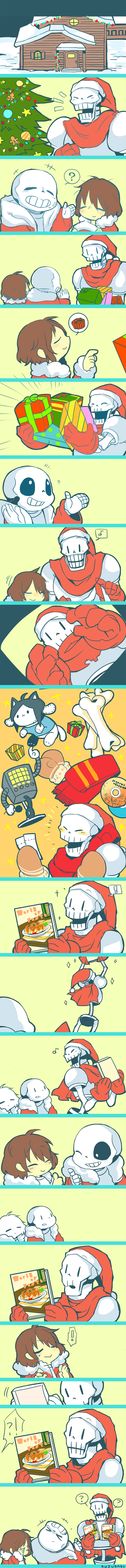 absurdres androgynous artist_name bone box cd character_doll christmas christmas_tree comic commentary cookbook eighth_note facepalm food frisk_(undertale) gift gift_box gloves hat highres laughing long_image mettaton multiple_boys musical_note papyrus_(undertale) pasta sans santa_hat scarf silent_comic skeleton snow spaghetti spoken_musical_note spoken_object tall_image temmie ticket undertale yokago