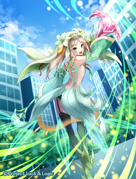 1girl :d backless_outfit black_legwear blue_sky building cloud copyright_name day detached_sleeves flower full_body garter_straps green_footwear green_legwear hair_flower hair_ornament high_heels holding holding_flower koushi_rokushiro light_brown_hair long_hair looking_back luck_&amp;_logic nina_alexandrovna official_art open_mouth sky smile tree twintails watermark wide_sleeves