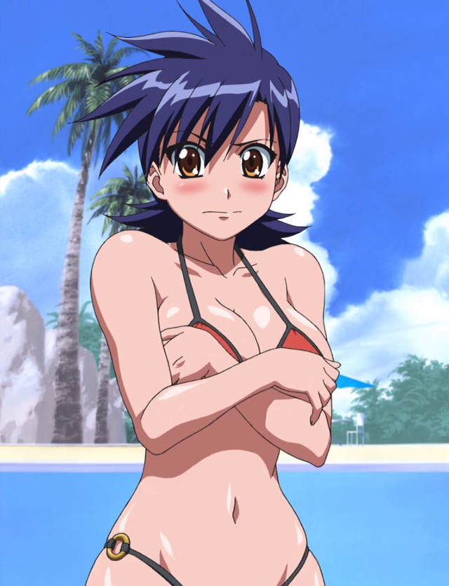 1girl akahori_gedou_hour_rabuge bare_shoulders bikini blue_hair blush breasts brown_eyes cleavage cloud covering covering_breasts embarrassed female large_breasts looking_at_viewer navel palm_tree red_bikini sashima_kaoruko screencap solo standing stitched swimsuit