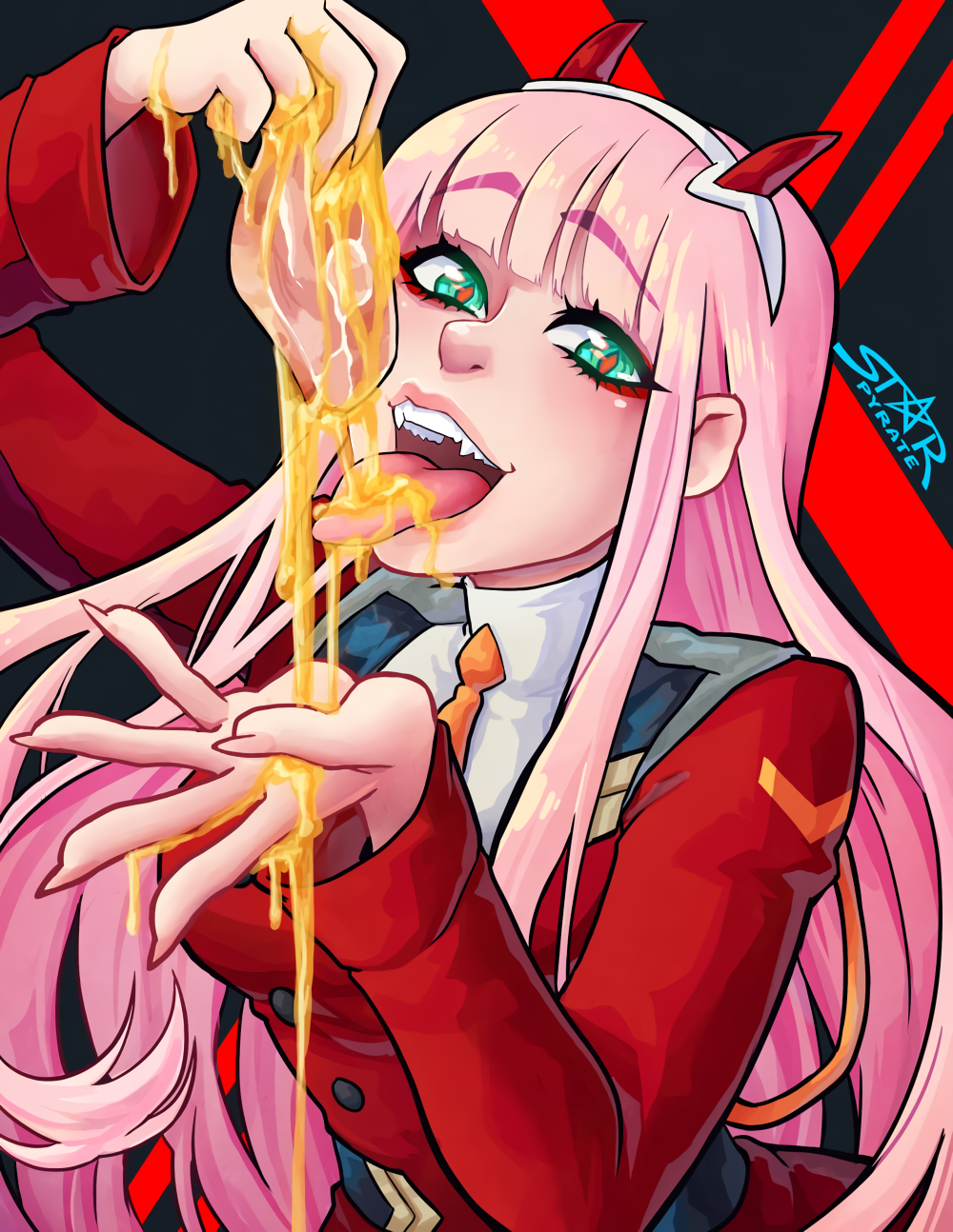 1girl darling_in_the_franxx eyebrows_visible_through_hair fangs fingernails food green_eyes hairband highres honey horns long_hair long_sleeves looking_at_viewer meat military military_uniform open_mouth pink_hair sharp_fingernails slit_pupils solo starpyrate tie tongue tongue_out uniform upper_teeth zero_two_(darling_in_the_franxx)