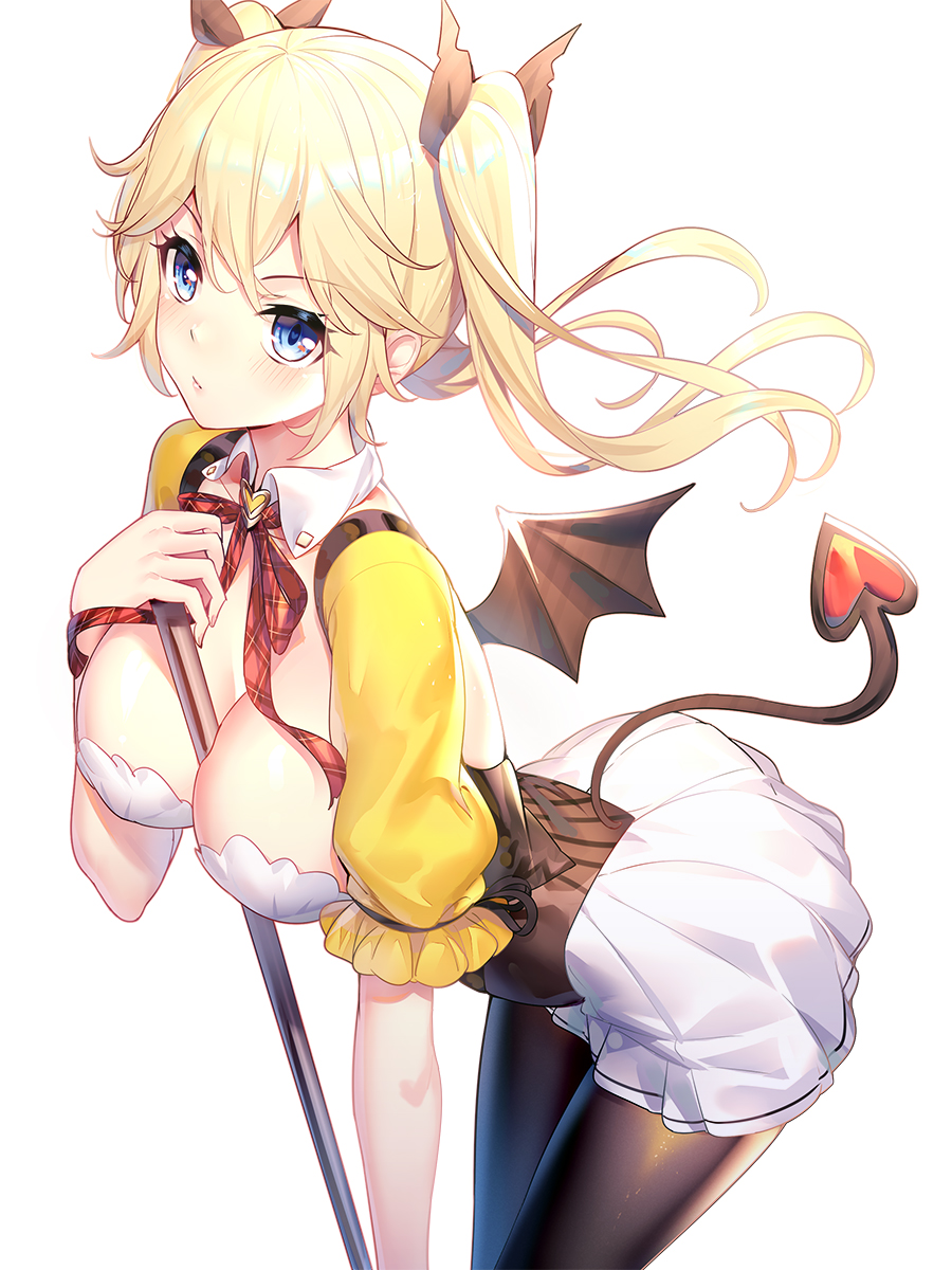 1girl arched_back bangs between_breasts black_legwear black_wings blonde_hair blue_eyes blush bow breasts brown_ribbon cleavage closed_mouth collar collarbone commentary_request demon_girl demon_tail demon_wings detached_collar eyebrows_visible_through_hair fingernails hair_between_eyes hair_ribbon hand_up heart highres large_breasts leaning_forward long_hair looking_at_viewer original pantyhose plaid plaid_bow pleated_skirt puffy_short_sleeves puffy_sleeves red_bow ribbon ririko_(zhuoyandesailaer) short_sleeves simple_background skirt solo tail twintails v-shaped_eyebrows white_background white_collar white_skirt wing_collar wings