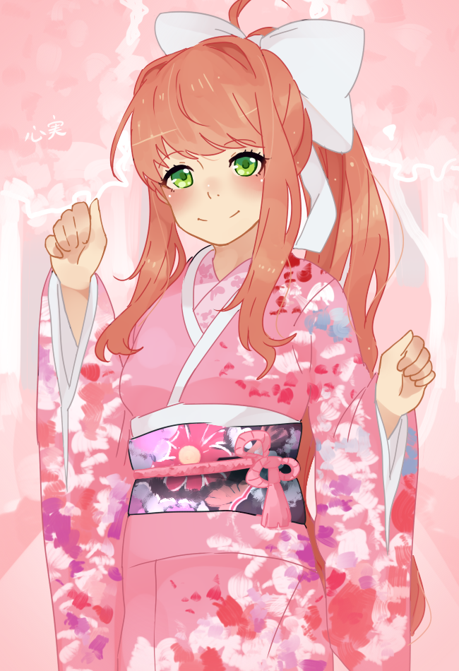 1girl blush bow doki_doki_literature_club hair_bow japanese_clothes kimono kokomi_(aniesuakkaman) long_hair monika_(doki_doki_literature_club) pink_background pink_kimono sash smile white_bow