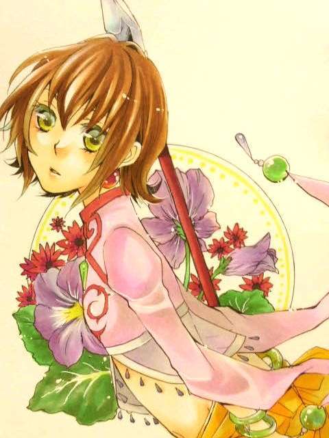 1girl annie_barrs bracelet breasts brown_hair earrings flower jewelry midriff navel open_mouth see-through short_hair staff tales_of_(series) tales_of_rebirth weapon yellow_eyes
