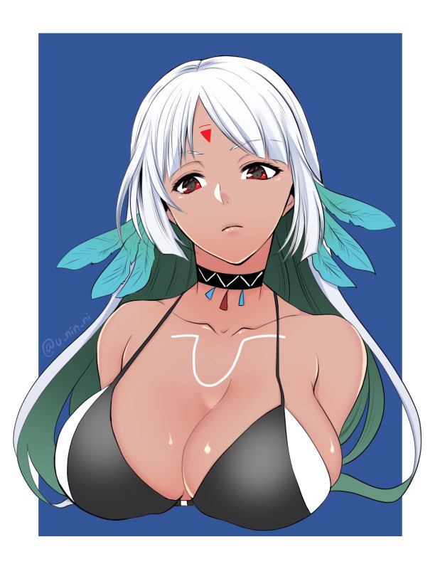 1girl artist_request azur_lane bare_shoulders bikini_top breasts cleavage closed_mouth collarbone dark_skin eyebrows_visible_through_hair feathers floating_hair hair_feathers head_tilt large_breasts long_hair looking_at_viewer massachusetts_(azur_lane) native_american red_eyes silver_hair solo twitter_username