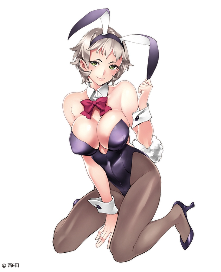 1girl animal_ears bangs blush bow bowtie breasts bunny_ears bunny_girl bunny_hair_ornament bunny_tail bunnysuit closed_mouth covered_navel erect_nipples green_eyes hair_ornament high_heels large_breasts lips navel nishieda original pantyhose red_bow short_hair silver_hair smile solo strapless tail
