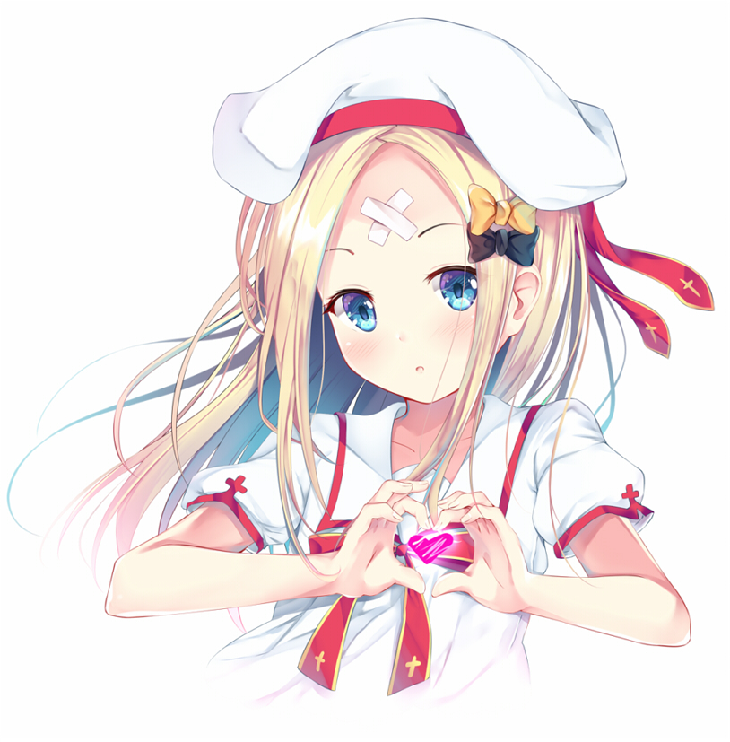1girl :o abigail_williams_(fate/grand_order) bangs black_bow blonde_hair blue_eyes blush bow collarbone crossed_bandaids fate/grand_order fate_(series) hair_bow hat hat_ribbon heart heart_hands long_hair looking_at_viewer orange_bow parted_bangs puririn red_ribbon ribbon shirt short_sleeves simple_background solo upper_body white_background white_hat white_shirt