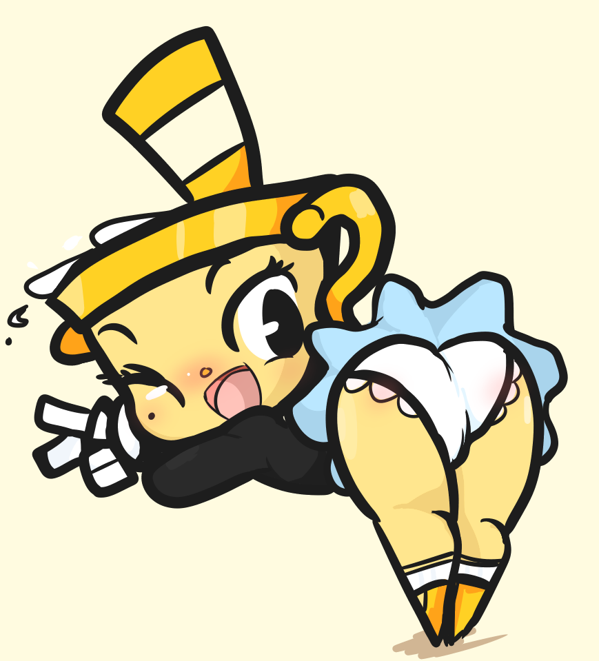 bent_over blush butt clothed clothing cuphead_(game) female gesture happy ms._chalice not_furry object_head one_eye_closed panties simple_background skirt smile solo straw tasteydonuts underwear upskirt v_sign video_games wink