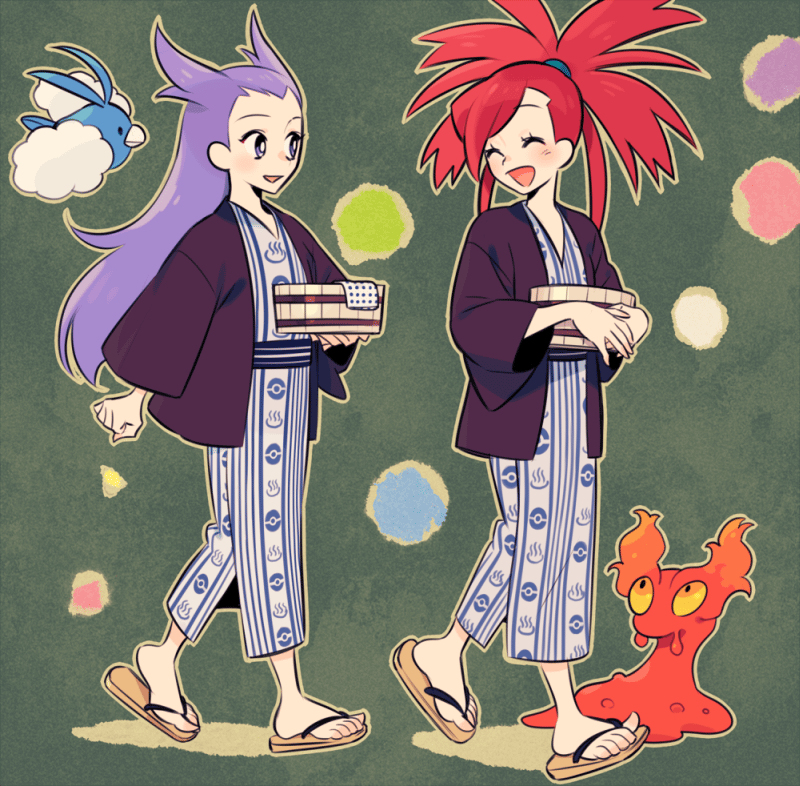 2girls asuna_(pokemon) gym_leader multiple_girls nagi_(pokemon) pokemon pokemon_oras purple_hair red_hair robe slugma smile swablu ucchii