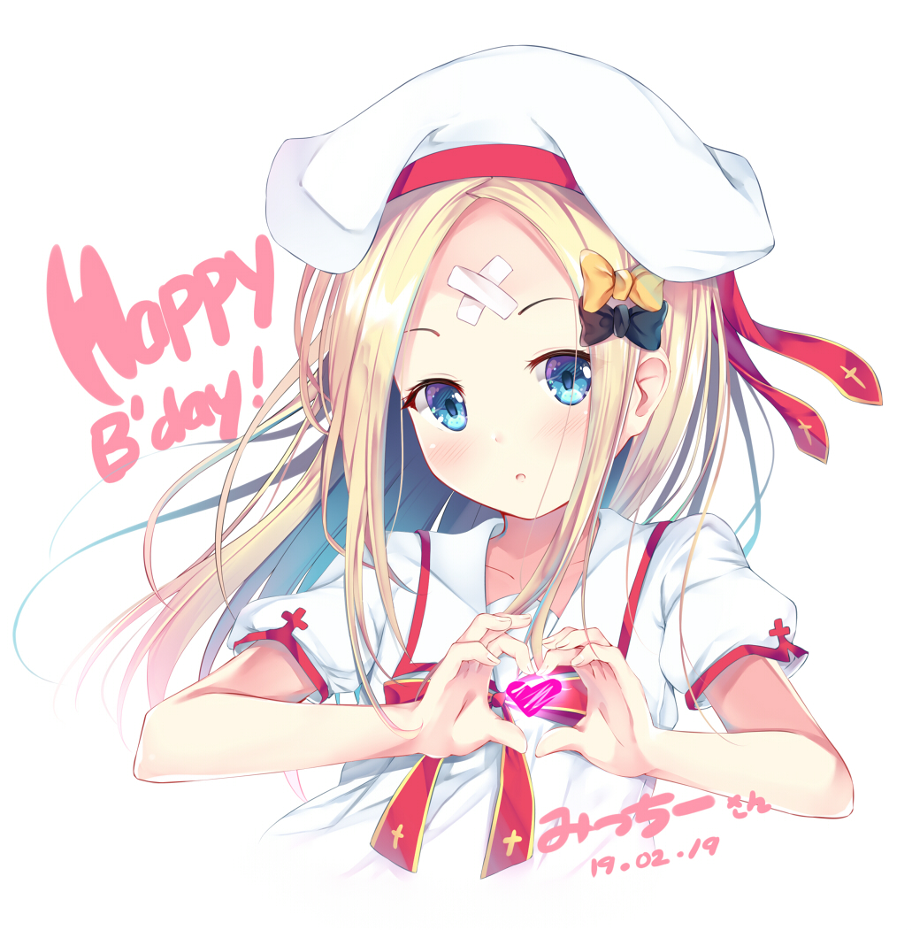 1girl :o abigail_williams_(fate/grand_order) bangs black_bow blonde_hair blue_eyes blush bow collarbone crossed_bandaids dated fate/grand_order fate_(series) hair_bow happy_birthday hat hat_ribbon heart heart_hands long_hair looking_at_viewer orange_bow parted_bangs puririn red_ribbon ribbon shirt short_sleeves simple_background solo upper_body white_background white_hat white_shirt