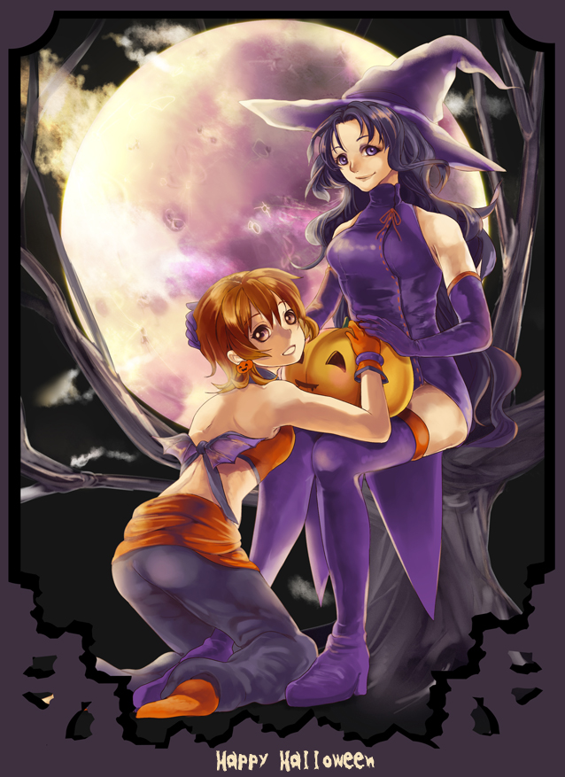 2girls annie_barrs back bare_shoulders black_hair boots breasts brown_eyes brown_hair earrings elbow_gloves gloves halloween hat hilda_rhambling jewelry lips long_hair makeup midriff moon multiple_girls open_mouth pants pumpkin purple_eyes shoes short_hair smile tales_of_(series) tales_of_rebirth thigh_boots witch_hat