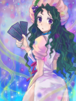 1girl black_hair breasts card dress hat hilda_rhambling long_hair makeup open_mouth purple_eyes tales_of_(series) tales_of_rebirth