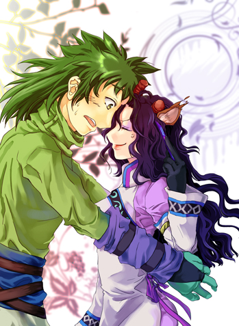 1boy 1girl belt black_hair breasts brown_eyes card dress eyes_closed gloves green_hair hilda_rhambling horns lips long_hair makeup open_mouth tales_of_(series) tales_of_rebirth tytree_crowe