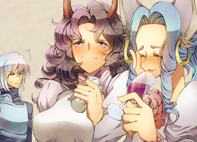 2girls agarte_lindblum animal_ears armor black_hair blue_eyes blue_hair blush breasts dress drunk earrings eyes_closed flower grey_background grey_hair hilda_rhambling horns jewelry long_hair makeup multiple_girls open_mouth purple_eyes rose smile tales_of_(series) tales_of_rebirth veigue_lungberg wine