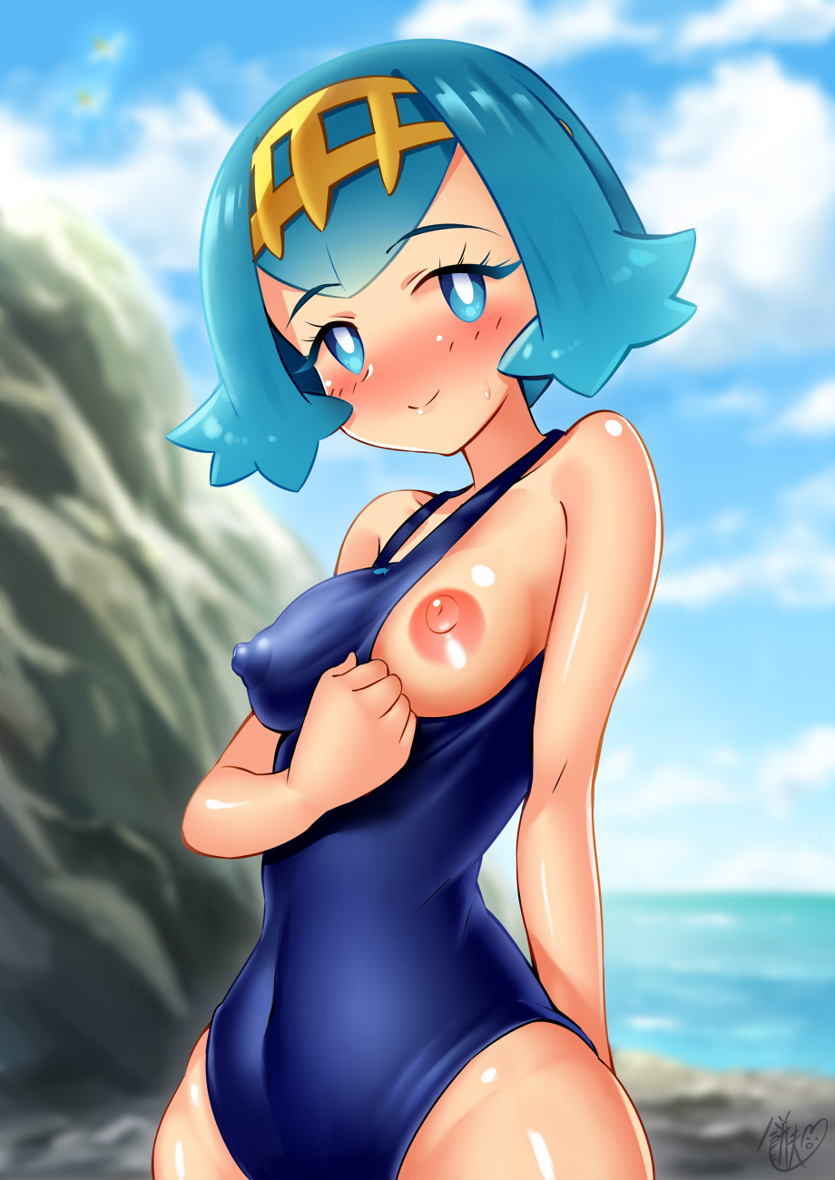 1girl bare_arms beach blue_eyes blue_hair blue_swimsuit blush breasts covered_navel creatures_(company) erect_nipples flashing game_freak hair_ornament half-closed_eyes highres looking_at_viewer naughty_face nintendo nipples one-piece_swimsuit one_breast_out pokemon pokemon_(game) pokemon_sm puffy_nipples school_swimsuit short_hair sky small_breasts smile solo standing suiren_(pokemon) swimsuit trial_captain
