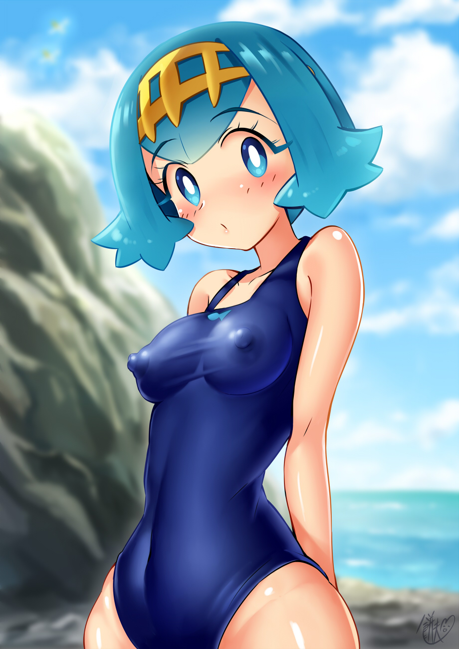 1girl bare_arms beach blue_eyes blue_hair blue_swimsuit blush breasts covered_navel creatures_(company) erect_nipples game_freak hair_ornament highres looking_at_viewer nintendo one-piece_swimsuit pokemon pokemon_(game) pokemon_sm puffy_nipples school_swimsuit short_hair sky small_breasts solo standing suiren_(pokemon) swimsuit trial_captain