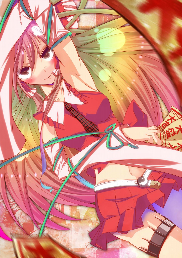 alternate_costume alternate_hair_color armpits bad_id bad_pixiv_id blush bow contemporary detached_sleeves gradient_hair hair_bow hair_tubes hakurei_reimu holster long_hair midriff mito_(calcomer) motion_blur multicolored_hair navel necktie needle ofuda ribbon smile solo thigh_holster touhou