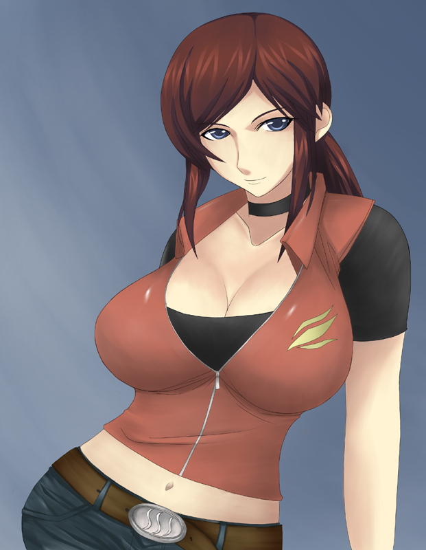 bad_id bad_pixiv_id belt breasts brown_hair choker claire_redfield denim jeans large_breasts long_hair navel otogi_tetsurou pants resident_evil solo