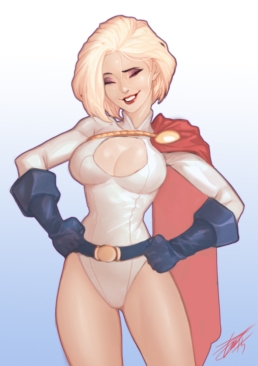 1girl blonde_hair cape cleavage_cutout dc_comics gloves heewon_lee kryptonian leotard power_girl short_hair smile solo superman_(series)