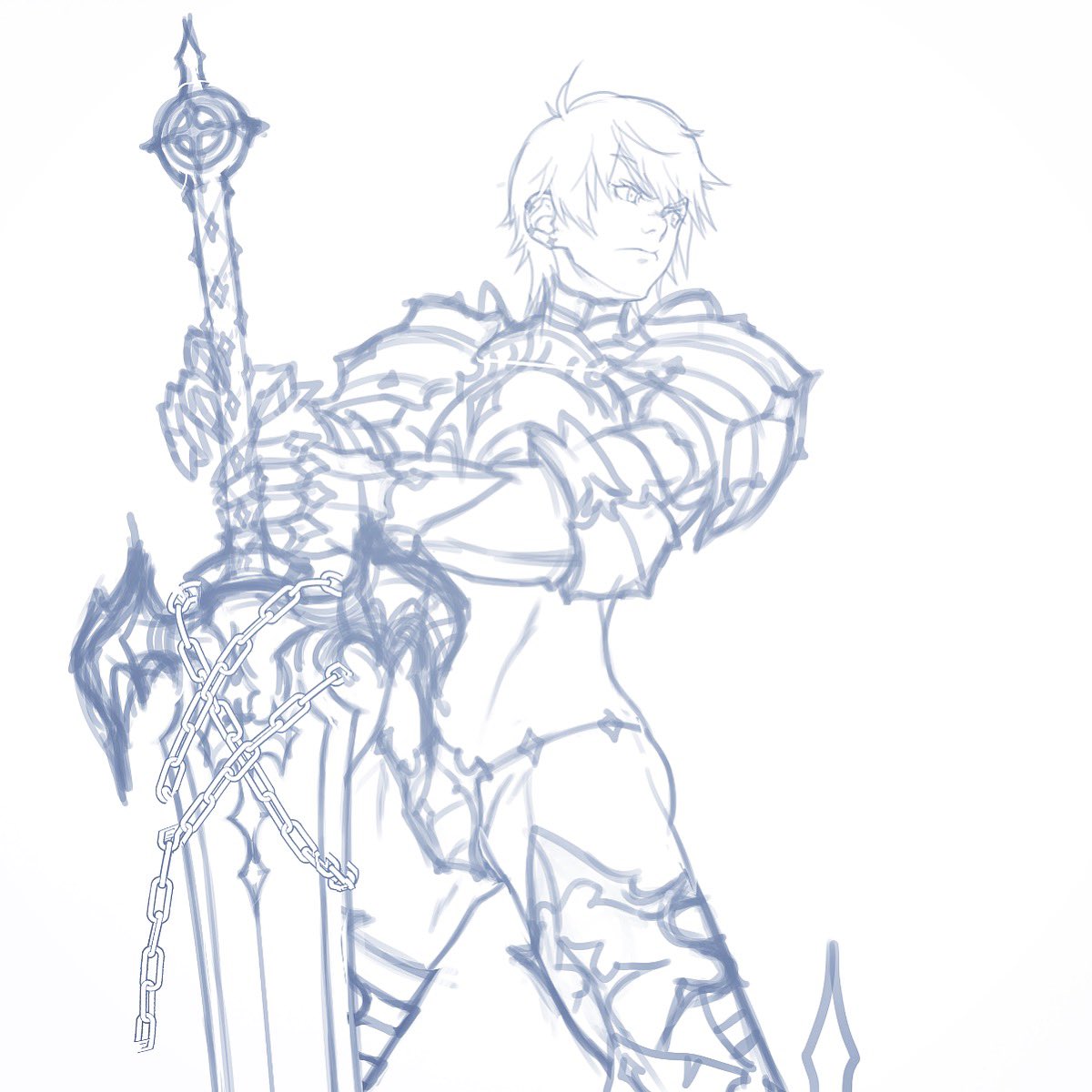 1boy adonis_belt ahoge armor armored_boots bikini_armor boots chains closed_mouth crotch_plate dizdoodz gauntlets highres looking_afar male_focus original pauldrons planted_sword planted_weapon serious simple_background sketch solo sword toned toned_male weapon white_background