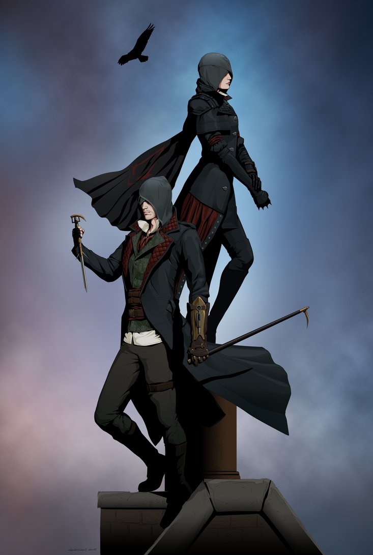 1boy 1girl animal assassin's_creed assassin's_creed assassin's_creed_(series) belt bird brother_and_sister cane cape duo evie_frye gb_(doubleleaf) hood jacob_frye rooftop siblings sky standing weapon
