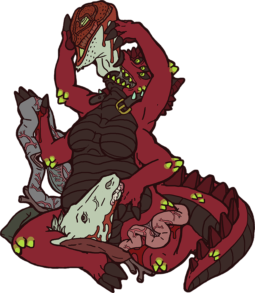 2018 4_arms 4_fingers 6_eyes alpha_channel ambiguous_gender anthro blood breasts cannibalism claws collar dark_sclera death digital_media_(artwork) dragon entrails equine female gore guts hard_vore horse intestines long_tail mammal meat monster multi_arm multi_eye multi_limb musorok nude open_mouth red_skin scalie sharp_teeth simple_background solo spiked_collar spikes teeth toe_claws transparent_background violence vore yellow_eyes