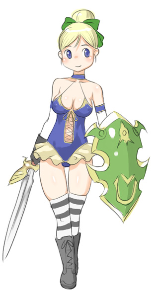 bangs bare_shoulders blonde_hair blue_eyes boots bow breasts cleavage dragon_quest dragon_quest_ix elbow_gloves erect_nipples female full_body gloves hair_bow hair_bun large_breasts leotard looking_to_the_side makochin no_bra roxanne_(dq9) shield simple_background smile solo striped_legwear sword thighhighs walking weapon white_background