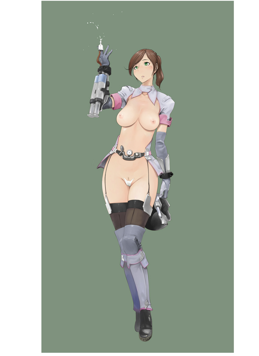 1girl bangs border breastless_clothes breasts brown_hair c-string contrapposto elbow_gloves female full_body garter_straps gauge gloves green_background green_eyes large_breasts makochin ponytail pubic_hair revealing_clothes short_hair short_sleeves simple_background solo syringe thighhighs white_border