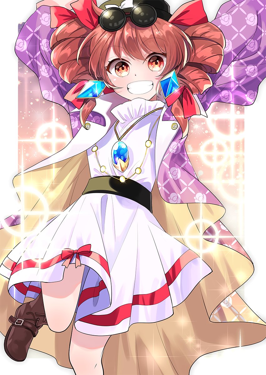 1girl brown_hair coat commentary dress drill_hair earrings eyewear_on_head feet_out_of_frame floral_print grin high_collar highres jewelry jumping katayama_kei looking_at_viewer necklace orange_eyes pendant ribbon round_eyewear smile solo sparkle_background sunglasses touhou twin_drills white_dress yorigami_jo'on