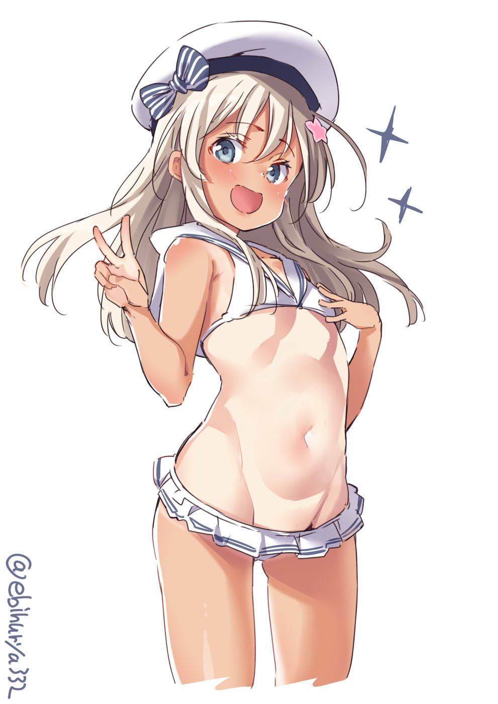 1girl :d adapted_costume artist_name bare_shoulders bikini bikini_skirt blue_eyes blush bow breasts cleavage collarbone cosplay cowboy_shot ebifurya flat_chest flower gluteal_fold hair_flower hair_ornament hand_on_own_chest hat hat_bow highres kantai_collection long_hair looking_at_viewer lowleg lowleg_bikini navel one-piece_tan open_mouth ro-500_(kantai_collection) sailor_bikini sailor_collar sailor_hat sidelocks simple_background small_breasts smile solo stomach swimsuit tan tanline thighs twitter_username v white_background white_bikini white_hair z1_leberecht_maass_(kantai_collection) z1_leberecht_maass_(kantai_collection)_(cosplay)
