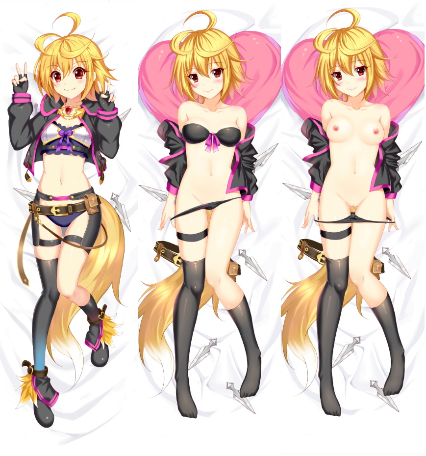 1girl bed_sheet beiyu black_bra black_footwear black_gloves black_jacket black_legwear black_panties blonde_hair blue_panties blush bra breasts clothes_down collarbone dakimakura eyebrows_visible_through_hair fingerless_gloves from_above full_body gloves hair_between_eyes jacket kai-ri-sei_million_arthur kneehighs kunai long_sleeves looking_at_viewer lying million_arthur_(series) navel nipples on_back open_clothes open_jacket panties panty_pull pulled_by_self pussy red_eyes shiny shiny_clothes short_hair single_kneehigh single_thighhigh small_breasts smile solo striped striped_bra thigh_strap thighhighs touzoku_arthur underwear weapon
