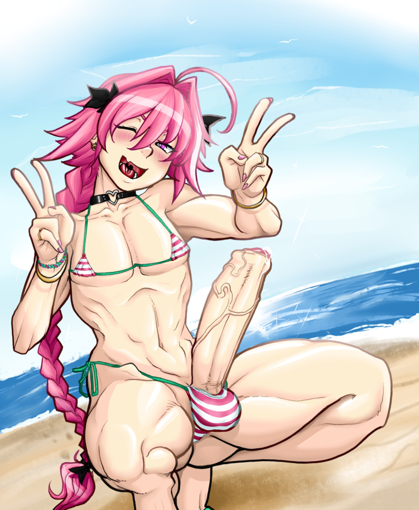 1boy abs astolfo_(fate) beach bikini braid double_v earrings erect_nipples erection fate/apocrypha fate_(series) french_braid heart heart-shaped_pupils jewelry large_penis long_hair male muscle navel ocean painted_nails penis pink_eyes pink_hair ponytail precum ring side-tie_bikini smile squatting swimsuit symbol-shaped_pupils tammaro tammdraws testicles trap v veins veiny_penis wristband