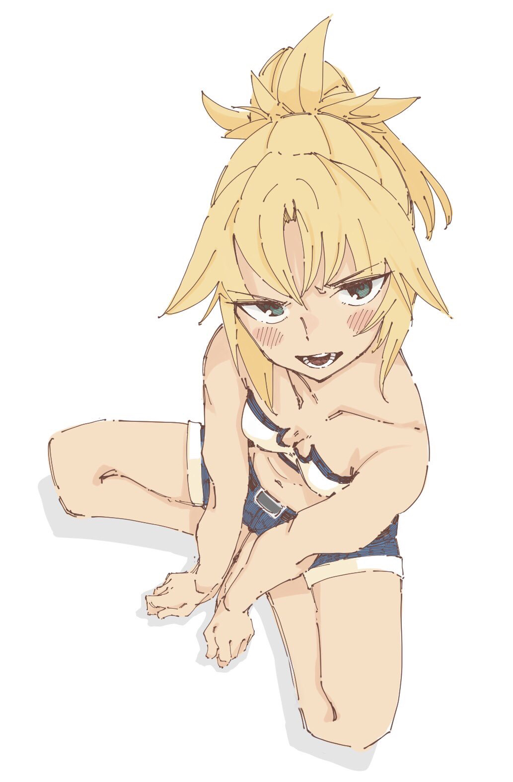 1girl blonde_hair blush breasts butterfly_sitting fate/apocrypha fate_(series) feet_together female from_above highres looking_at_viewer midriff mordred_(fate) mordred_(fate)_(all) navel open_mouth ponytail short_shorts shorts simple_background sitting small_breasts solo teeth tenohira_(tenoo12) v_arms white_background