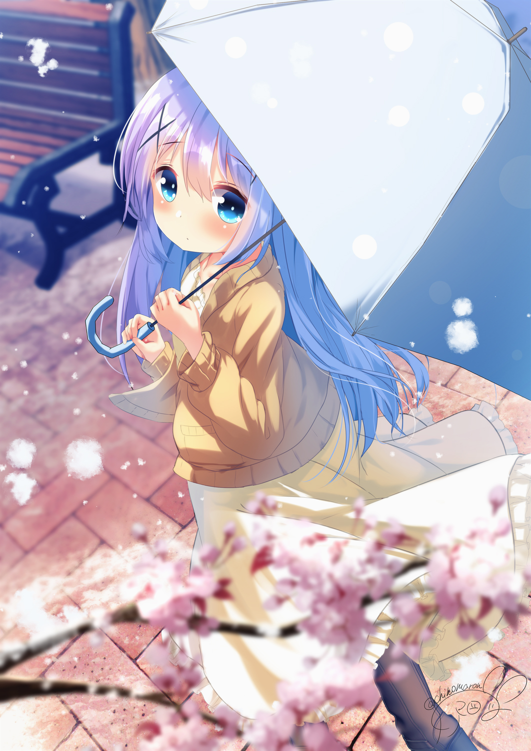 1girl bangs bench blue_eyes blue_hair blue_umbrella blurry blurry_background blurry_foreground blush boots brown_footwear brown_jacket cherry_blossoms chinomaron closed_mouth collarbone commentary_request day depth_of_field eyebrows_visible_through_hair frilled_skirt frills gochuumon_wa_usagi_desu_ka? hair_between_eyes hair_ornament highres holding holding_umbrella jacket kafuu_chino long_hair open_clothes open_jacket outdoors park_bench shirt signature skirt snowing solo tree_branch twitter_username umbrella very_long_hair white_shirt white_skirt x_hair_ornament