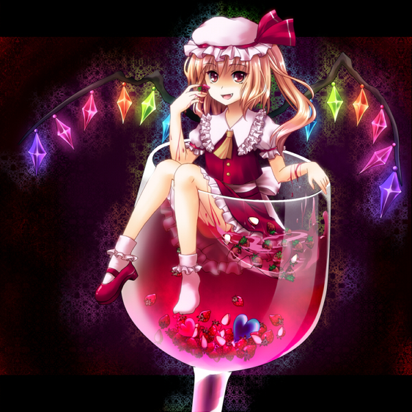 alcohol bad_id bad_pixiv_id blonde_hair cup drinking_glass flandre_scarlet food fruit glass hat heart in_container in_cup mame_niko oversized_object red_eyes shoes short_hair side_ponytail single_shoe socks solo strawberry touhou wine wine_glass wings
