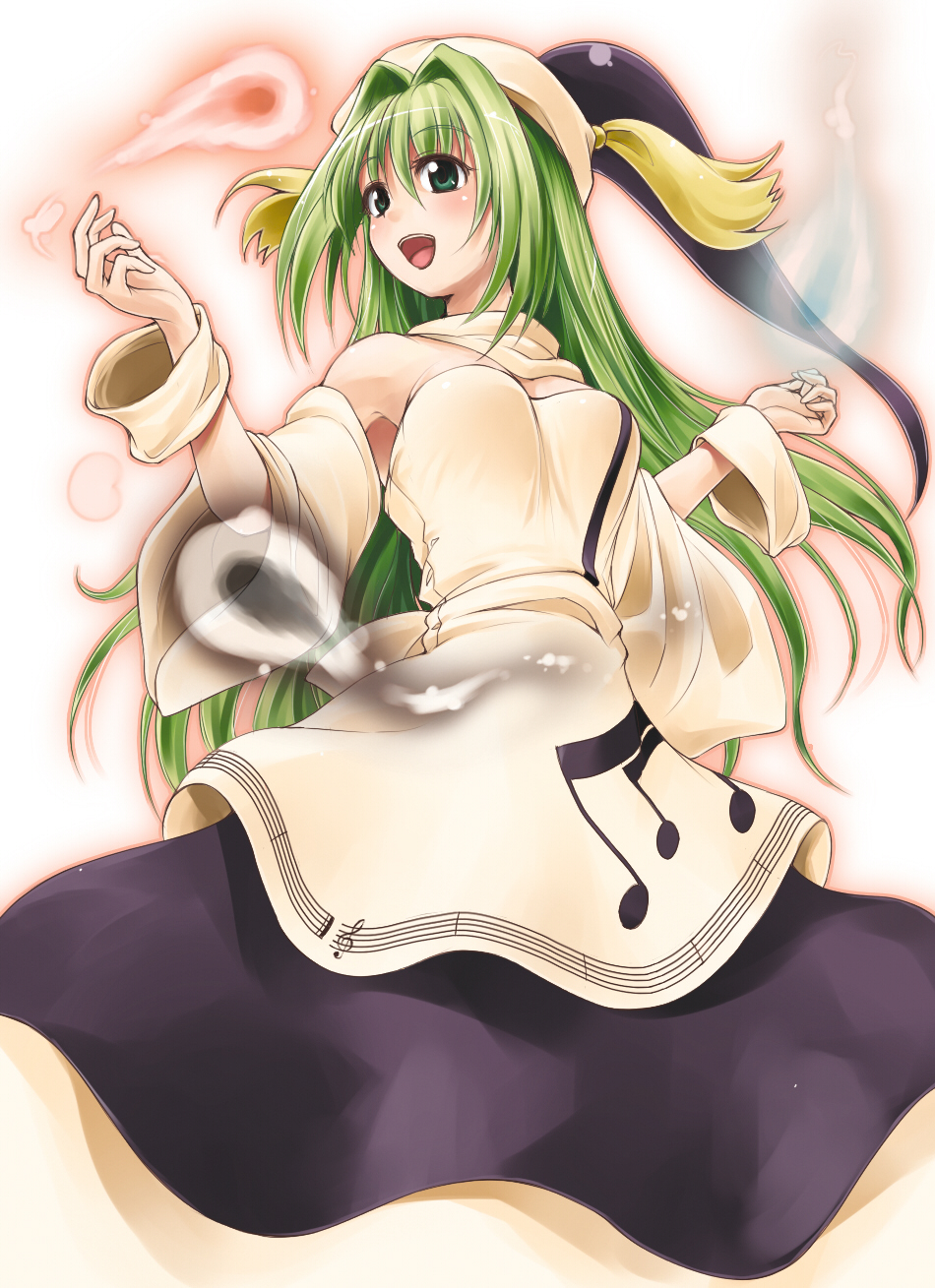 bare_shoulders detached_sleeves dress fechirin green_eyes green_hair hat highres layla_prismriver long_hair musical_note solo touhou