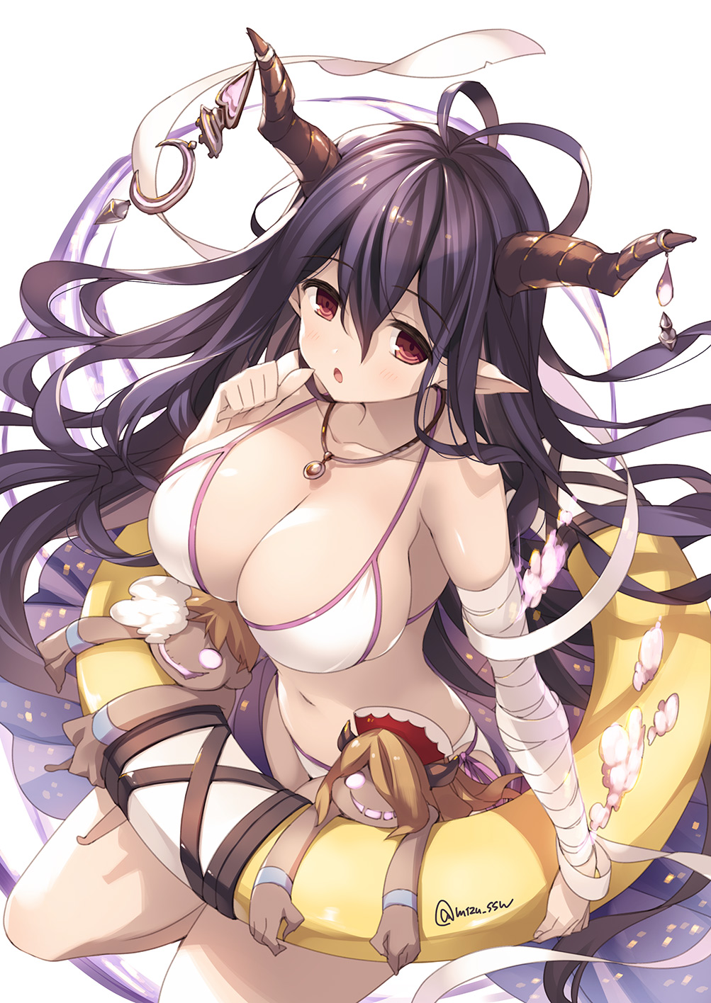 1girl antenna_hair bandage bandaged_arm bandages bangs bare_shoulders bikini blue_hair blush breasts cleavage collarbone commentary_request danua doll draph eyebrows_visible_through_hair from_above granblue_fantasy hair_between_eyes hand_up highres horn_ornament horns innertube jewelry large_breasts long_hair looking_at_viewer mizuno_(suisuiw) necklace parted_lips pointy_ears red_eyes ribbon side-tie_bikini sidelocks simple_background solo swimsuit very_long_hair white_background white_bikini white_ribbon