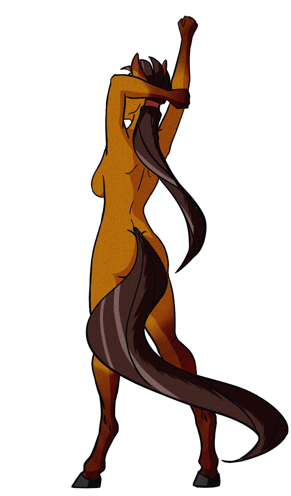 akweer anthro breasts brown_fur brown_hair butt equine faceless_female female fur hair hair_tie hooves horse long_hair mammal multicolored_fur nude rear_view side_boob simple_background solo standing stretching two_tone_fur white_background