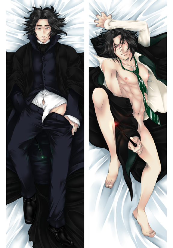 1boy abs black_hair blush body_pillow coat harry_potter long_coat male_focus muscle necktie nipples pecs school_uniform severus_snape short_hair teacher undressing wand wizard