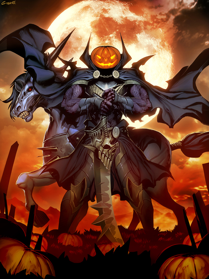 cape genzoman glowing glowing_eyes halloween headless_horseman horse looking_at_viewer moon pumpkin pumpkin_head red_moon skyforge sword sword_plant