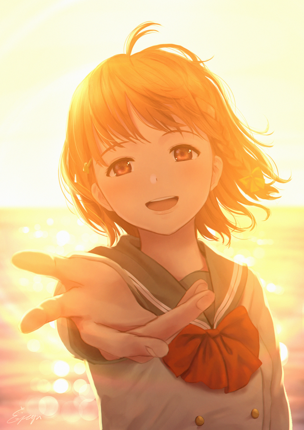 ahoge backlighting bow bowtie highres horizon lens_flare looking_at_viewer love_live! love_live!_sunshine!! ocean open_mouth orange_hair outstretched_hand papi_(papiron100) reaching_out red_eyes school_uniform serafuku short_hair signature smile sunlight sunset takami_chika upper_body