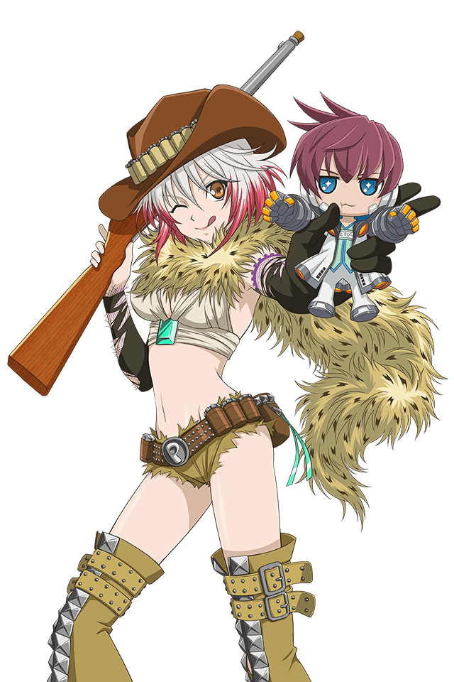 1girl alternate_costume asbel_lhant black_gloves breasts cowboy_hat fur_trim gloves hat hot_pants large_breasts mecha-asbel mecha_asbel multicolored_hair pascal red_hair scarf short_hair shorts smile staff tales_of_(series) tales_of_graces tongue tongue_out toy two-tone_hair western white_hair wink yellow_eyes