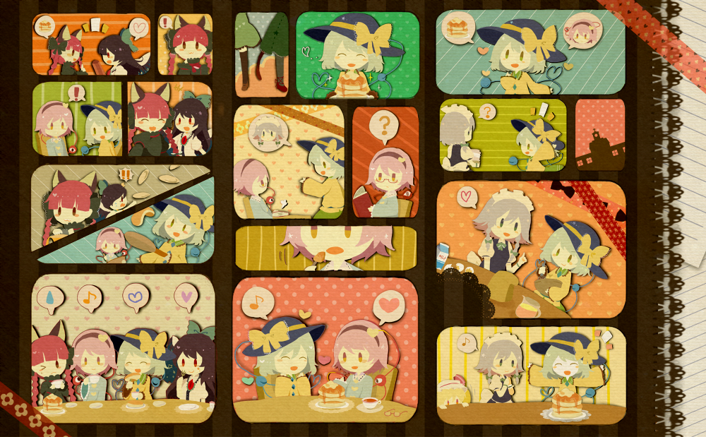 !! 6+girls ? animal_ears arm_cannon bespectacled black_hair blonde_hair blush_stickers book bow braid cat_ears chibi closed_eyes comic cooking cup dress eighth_note eye_contact eyeball flandre_scarlet food glasses green_eyes green_hair hair_bow hair_ornament hair_ribbon hairband hat hat_ribbon heart heart_of_string izayoi_sakuya jpeg_artifacts kaenbyou_rin komeiji_koishi komeiji_satori long_sleeves looking_at_another maid_headdress mob_cap moyo_(amaniwa) multiple_girls musical_note open_book open_mouth out_of_frame outstretched_arms pancake pink_hair puffy_sleeves red-framed_eyewear red_eyes red_hair reiuji_utsuho ribbon scarlet_devil_mansion shirt short_hair short_sleeves siblings side_ponytail silent_comic silver_hair sisters sitting smile sparkle speech_bubble spoken_exclamation_mark spoken_face spoken_food spoken_heart spoken_musical_note spoken_object spoken_question_mark string teacup third_eye touhou twin_braids twitter_username vest weapon wide_sleeves wrist_cuffs