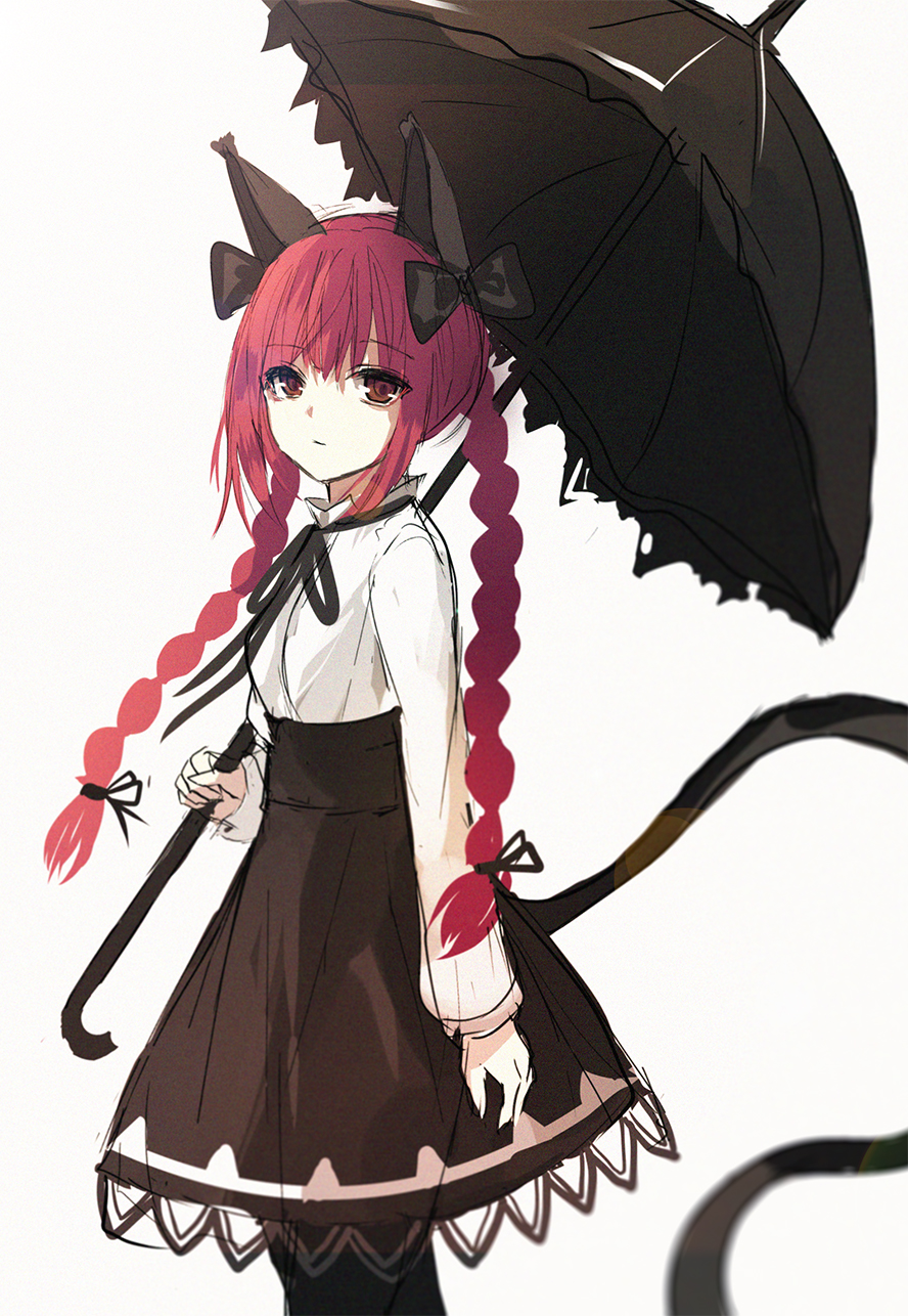 1girl alternate_costume animal_ears bangs beckzawachi black_legwear black_ribbon black_skirt black_umbrella bow braid brown_eyes cat_ears cat_girl cat_tail closed_mouth cowboy_shot eyebrows_visible_through_hair hair_between_eyes hair_bow hair_ribbon high-waist_skirt highres holding holding_umbrella kaenbyou_rin long_sleeves looking_at_viewer neck_ribbon pantyhose red_hair ribbon shirt simple_background skirt solo tail touhou twin_braids umbrella white_background white_shirt