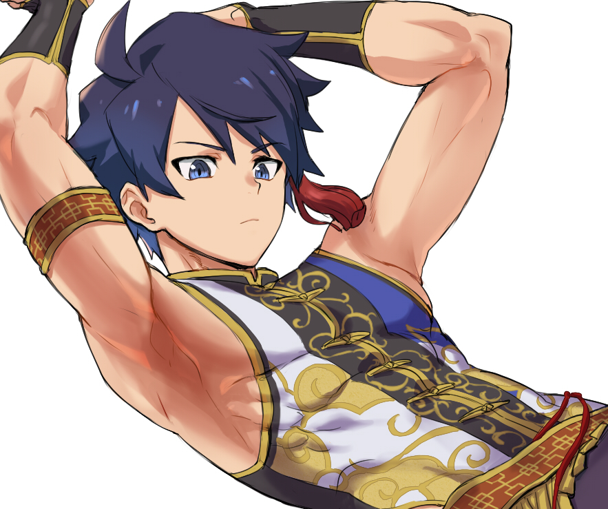 1boy alternate_costume arm_up armlet armpits blue_eyes blue_hair chinese_clothes idol idolmaster idolmaster_side-m idolmaster_side-m_live_on_stage! looking_at_viewer male_focus ponzu_(beetle_burner) simple_background sleeveless solo taiga_takeru world_tre@sure_(idolmaster)